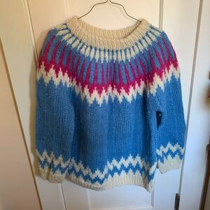 VTG Fair Isle Chunky Wool Sweater XL Greek Hand Knit Fisherman Blue Pink Cozy